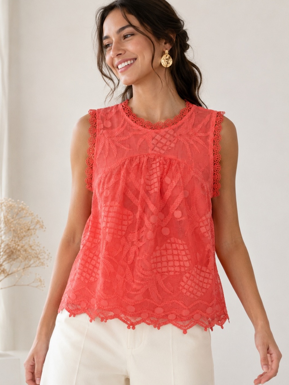 Maeve Anthropologie Coral Lace Babydoll Blouse Size 8 Romantic Boho